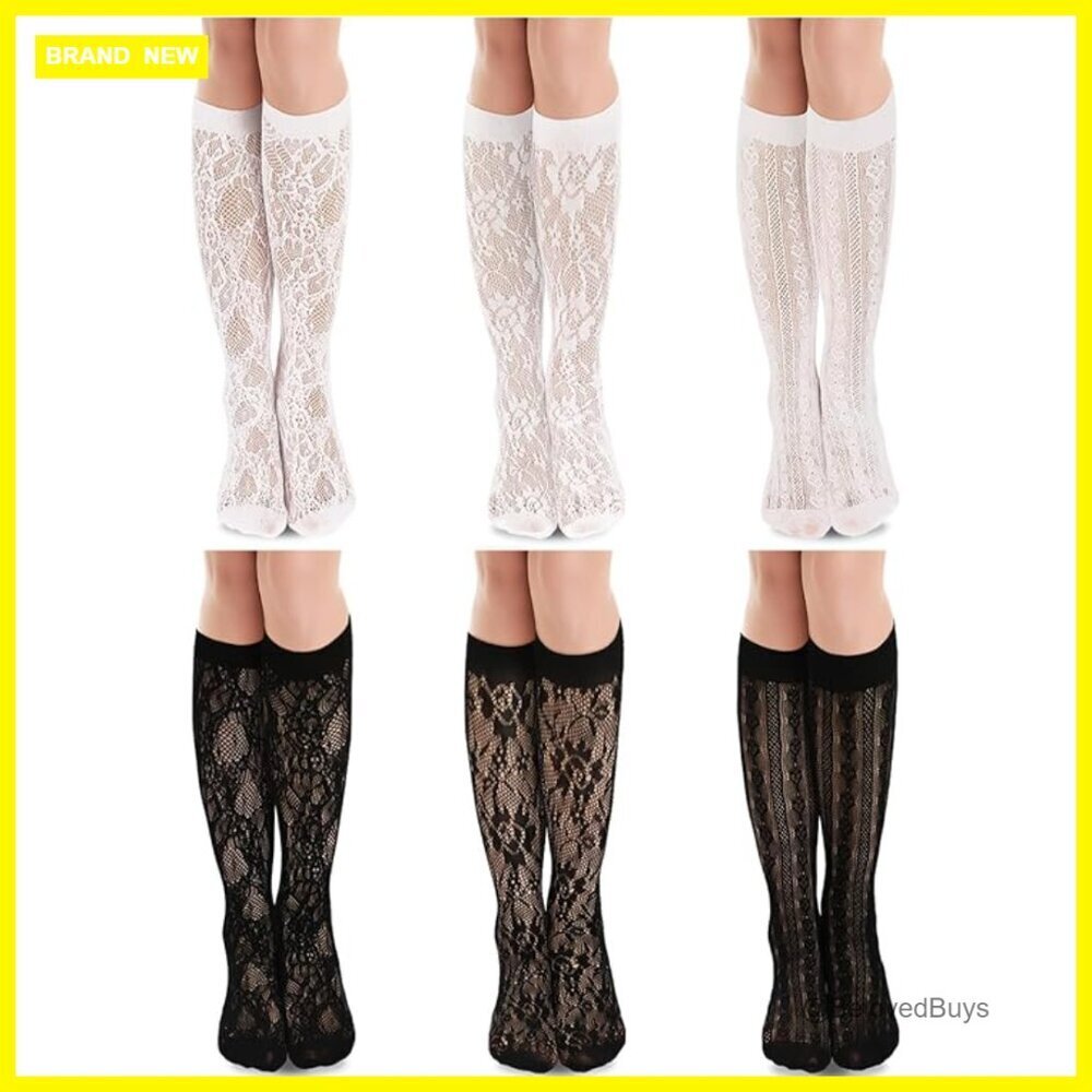 6 Pairs Knee High Lace Socks Nylon Fishnet Mesh Stockings Women's Hosiery